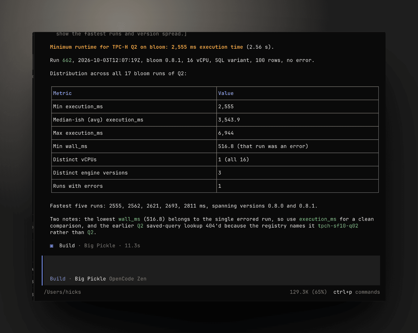 benchy's answer: 2,555 ms minimum execution time across 17 Bloom runs of Q2