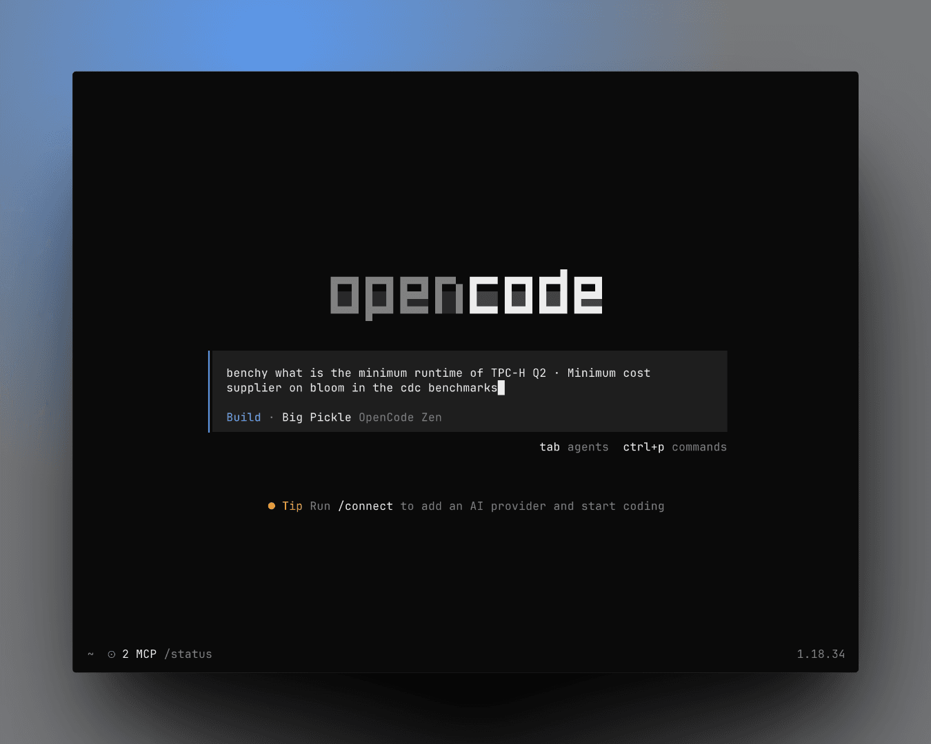 Asking benchy for the minimum runtime of TPC-H Q2 on Bloom in OpenCode